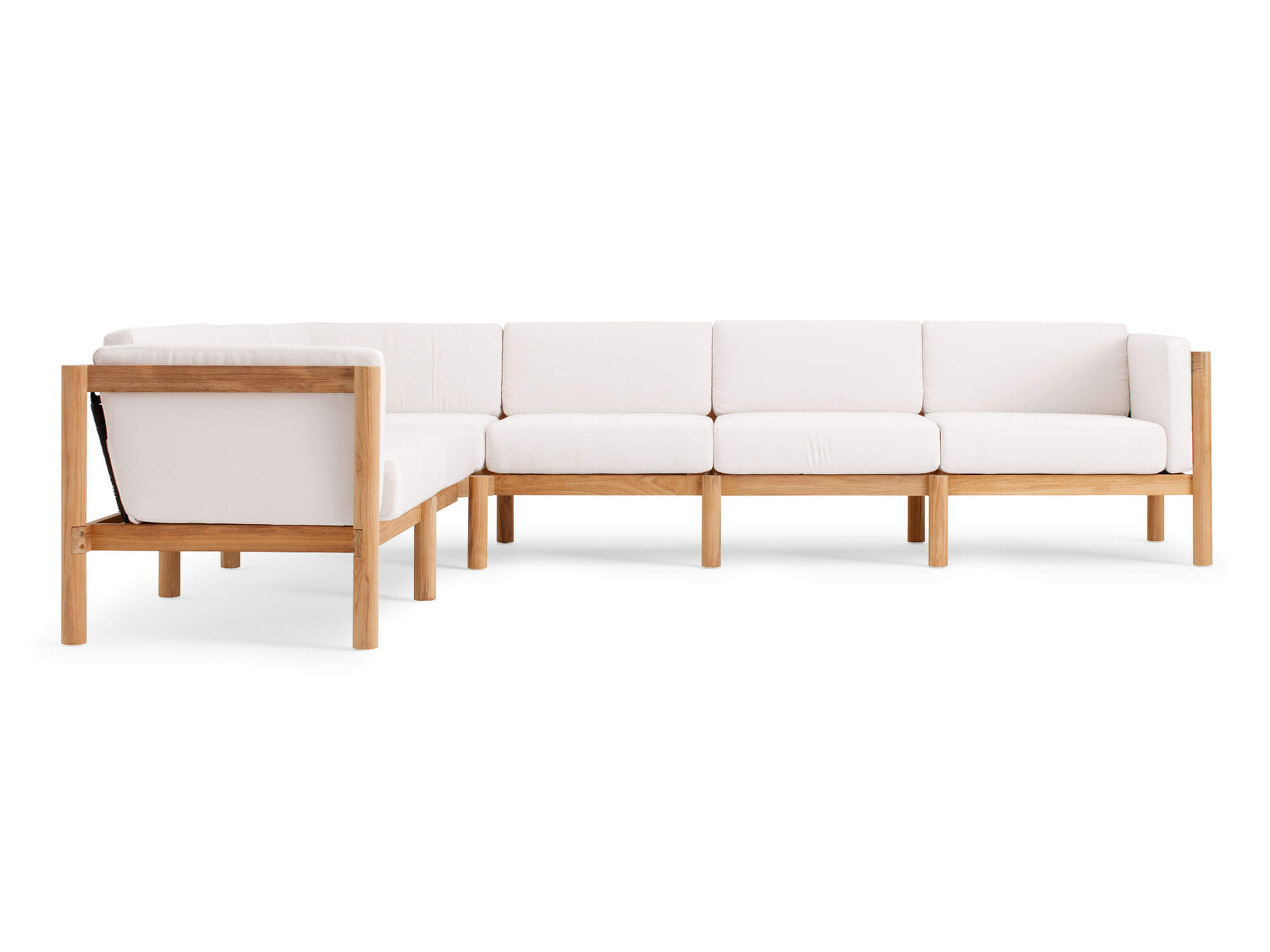 Front view of 6-piece outdoor sectional with white arm cushions